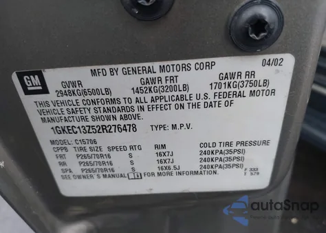 2002 GMC Yukon Slt from USA, damaged, VIN 1GKEC13Z52R276478